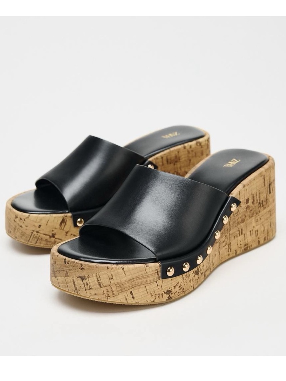 Zara Black Leather Cork-Platform Wedge Slides with Gold Studs